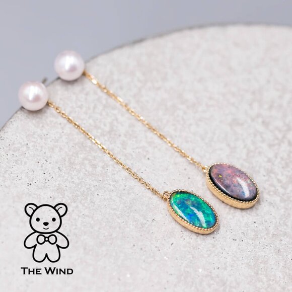 Two Ways Akoya Pearl Stud Earrings & Australian Black Opal Drop Earrings 18K Yel